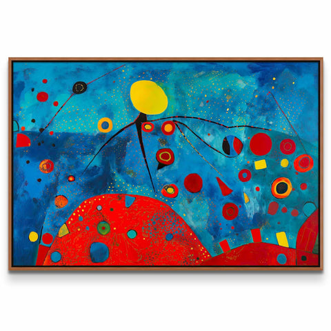 a painting of a blue sky with red, yellow, and blue circles
