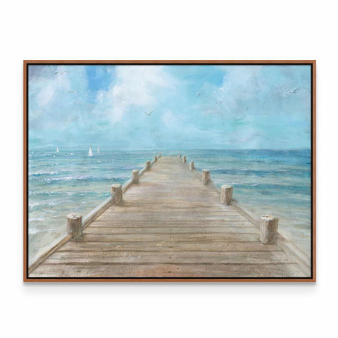 a painting of a pier with a sailboat in the distance