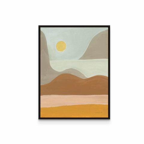 a painting of a desert landscape with a sun in the sky