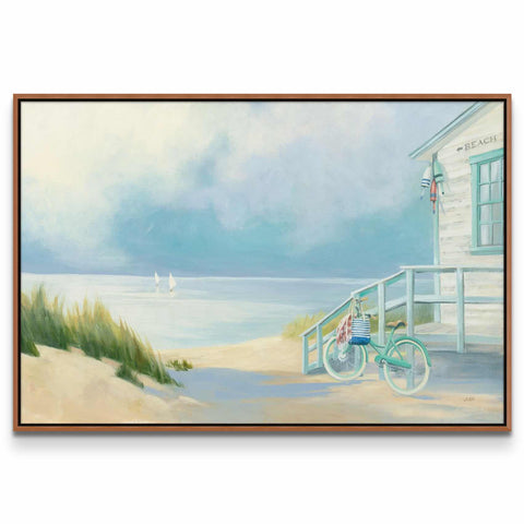 a painting of a beach scene with a bicycle