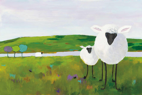 a painting of two sheep standing in a field