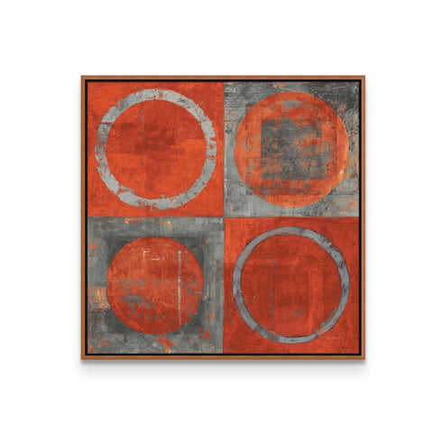 an orange and grey painting with circles on it