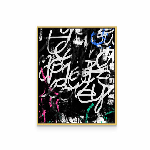 a black and white painting with graffiti on it