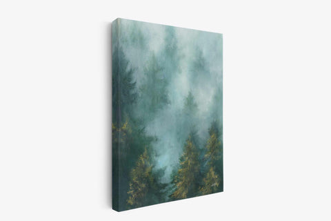 a painting of a forest with fog and trees
