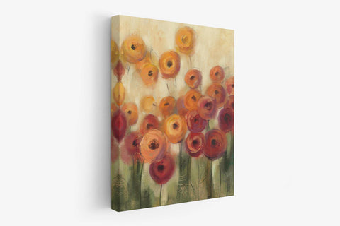 a painting of orange and red flowers on a white background