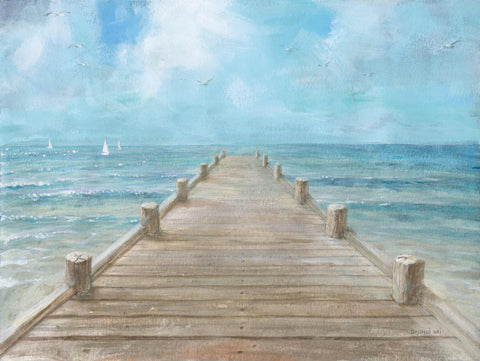 a painting of a pier leading into the ocean