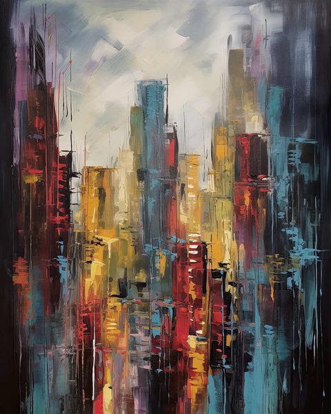 a painting of a cityscape with a sky background