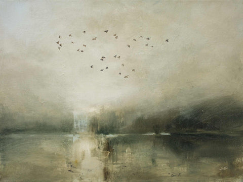 a painting of birds flying over a body of water