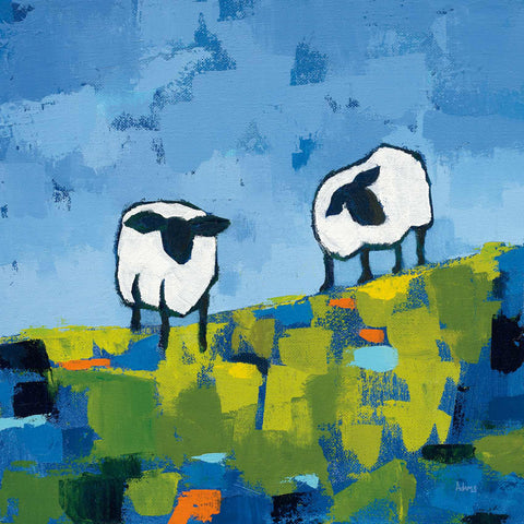 a painting of two sheep standing on a hill