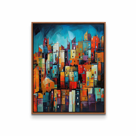 a painting of a cityscape with a blue sky in the background