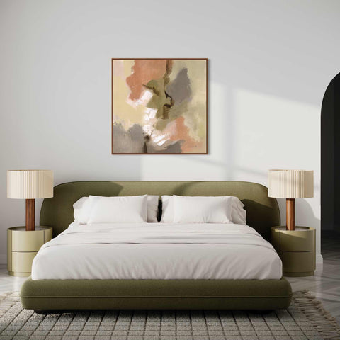 a bedroom with a large bed and a painting on the wall