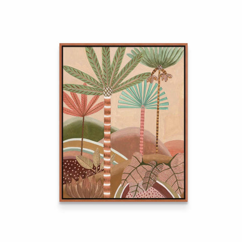 a painting of palm trees in a desert