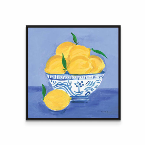 a painting of lemons in a blue and white bowl