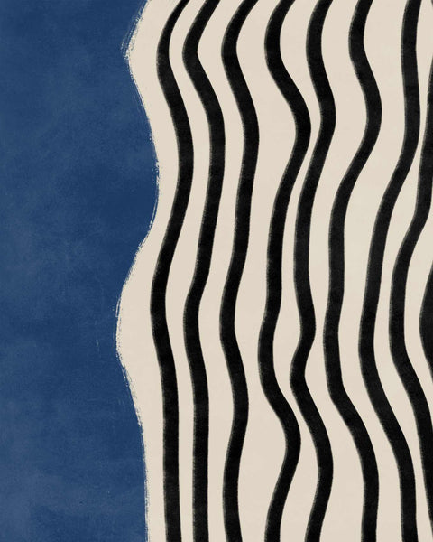 a painting of black and white lines on a blue background