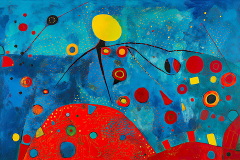 a painting of a red, blue, and yellow abstract painting