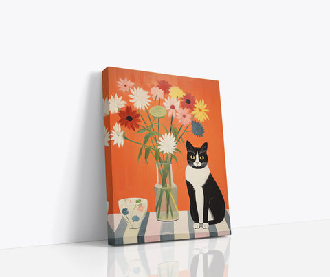 Black Cat with Flowers on Orange