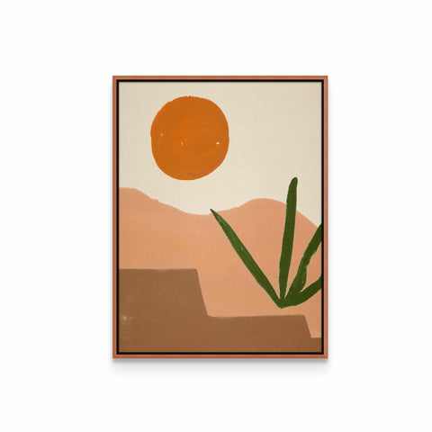 a painting of a desert with a sun in the background