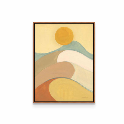 a painting of a mountain with a sun in the background
