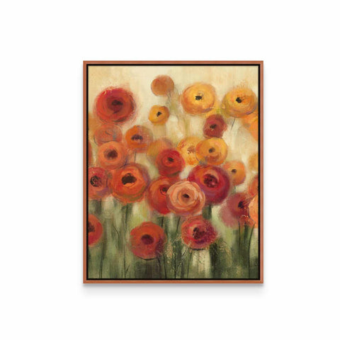 a painting of red and yellow flowers on a white background