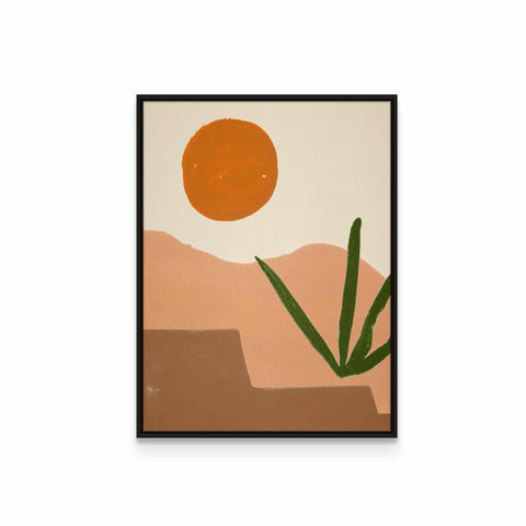 a painting of a desert with a sun in the background