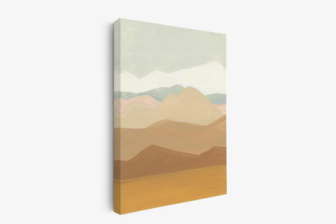 a painting of a desert with mountains in the background