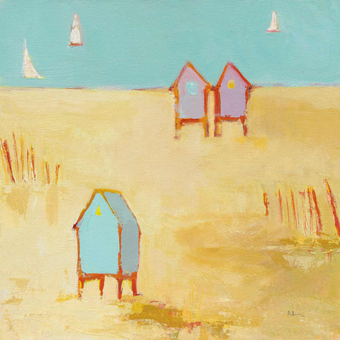 a painting of three beach huts in the sand