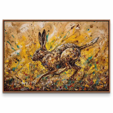 a painting of a rabbit running through a field