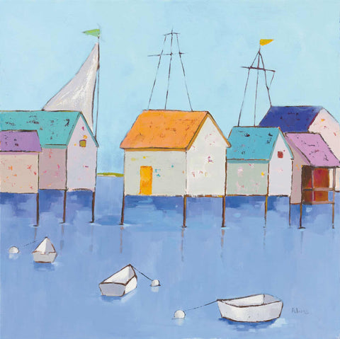 a painting of a row of houses and boats in a body of water