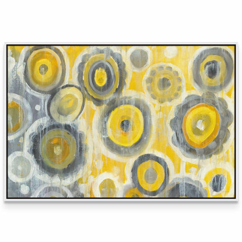 a painting with yellow and gray circles on it