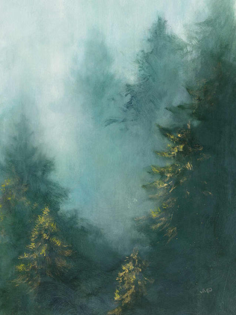 a painting of trees in a foggy forest