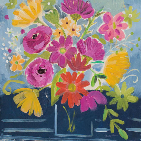 a painting of colorful flowers in a vase