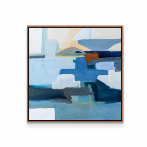 an abstract painting with blue, orange and white colors