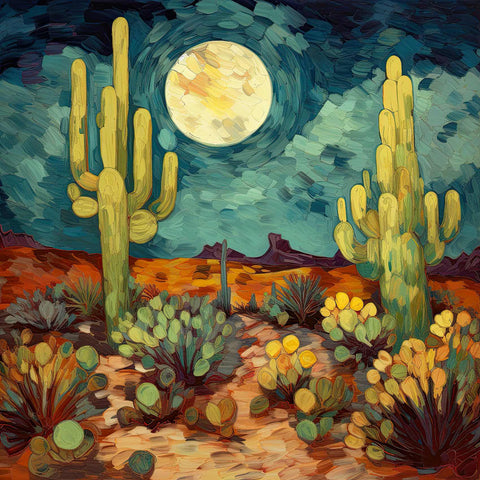 a painting of a desert with cacti and a full moon