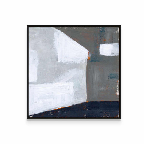 a painting with a black frame on a white wall