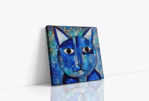 a painting of a blue cat on a white surface