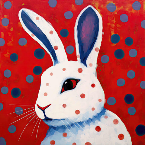 a painting of a white rabbit on a red background