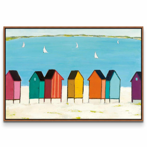 a painting of a row of colorful beach huts