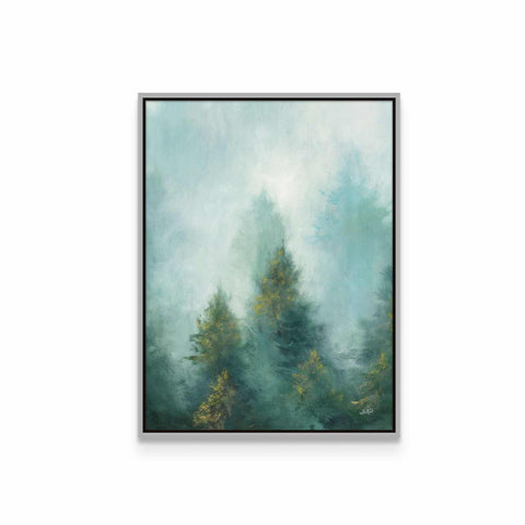 a painting of trees in a foggy forest