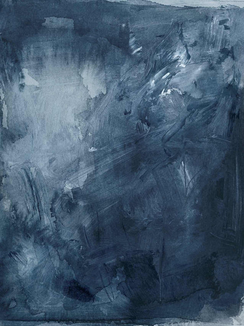 a black and white painting with a blue background