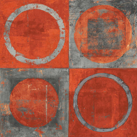 an orange and grey abstract painting with circles