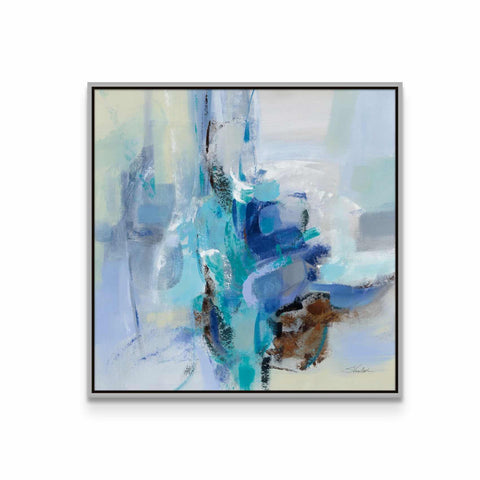 a painting with blue and white colors on a white wall