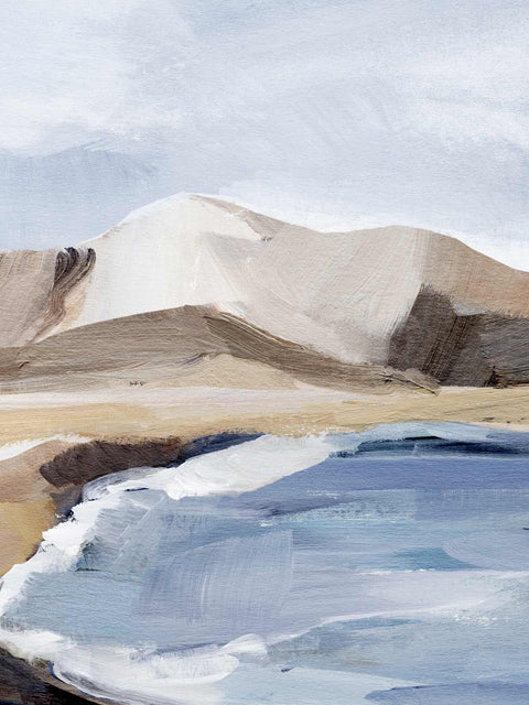 a painting of a beach with a mountain in the background