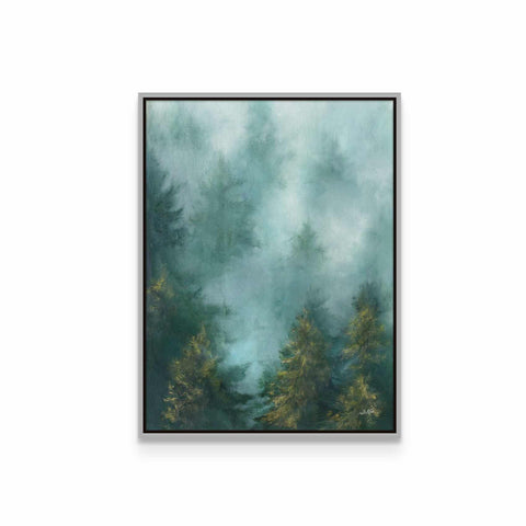 a painting of a foggy forest with trees