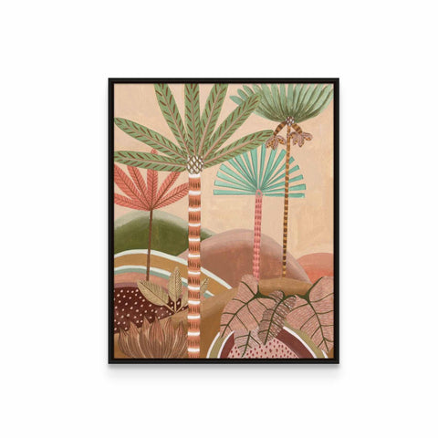 a painting of palm trees in a desert