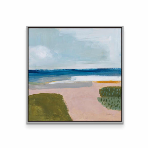 a painting of a beach with a sky background