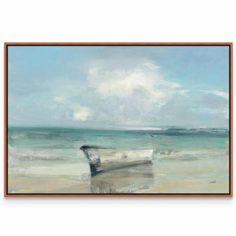 a painting of a boat on the beach