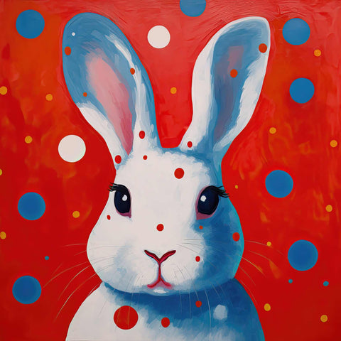 a painting of a white rabbit on a red background