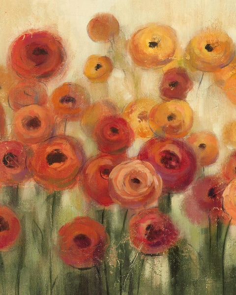 a painting of orange and red flowers on a white background