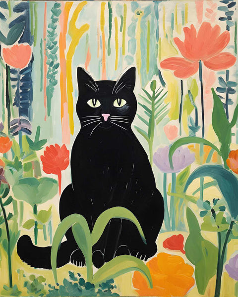 a painting of a black cat sitting in a garden
