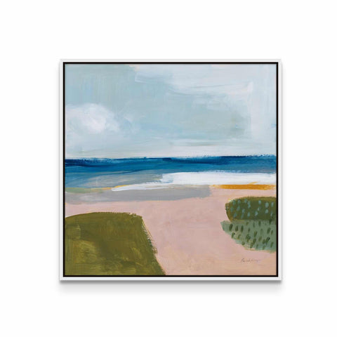 a painting of a beach with a sky background